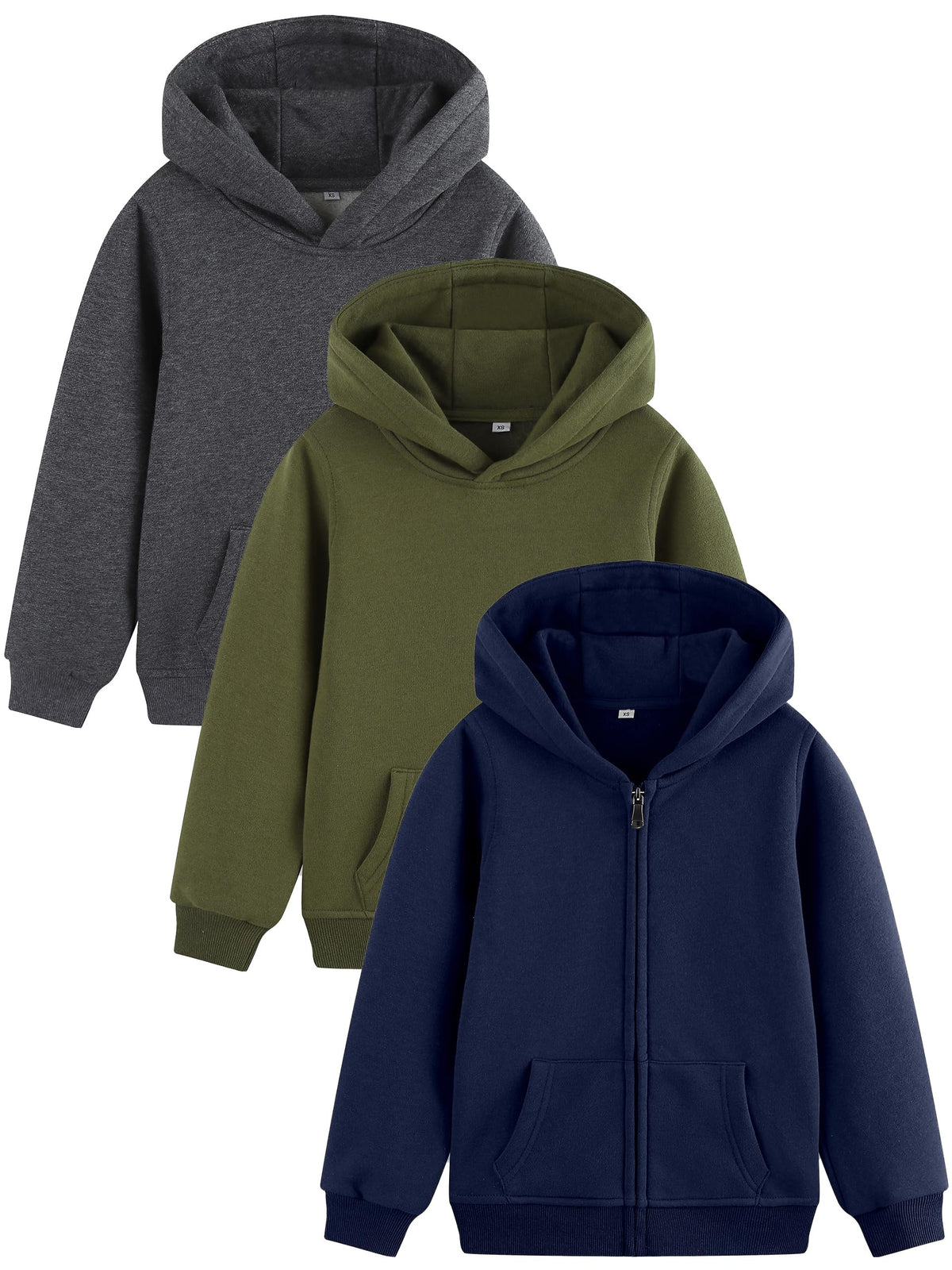 Boys Hoodies 3 Pack Cotton Fleece Pullover & Zip Up Hoodie for Kids