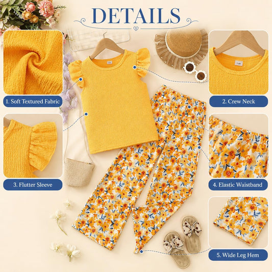 Yoxindax Tween Girls Outfit Set Ruffle Sleeve Smocked Top Floral Print Wide Leg Pants Casual Summer Clothes 7-14 Years