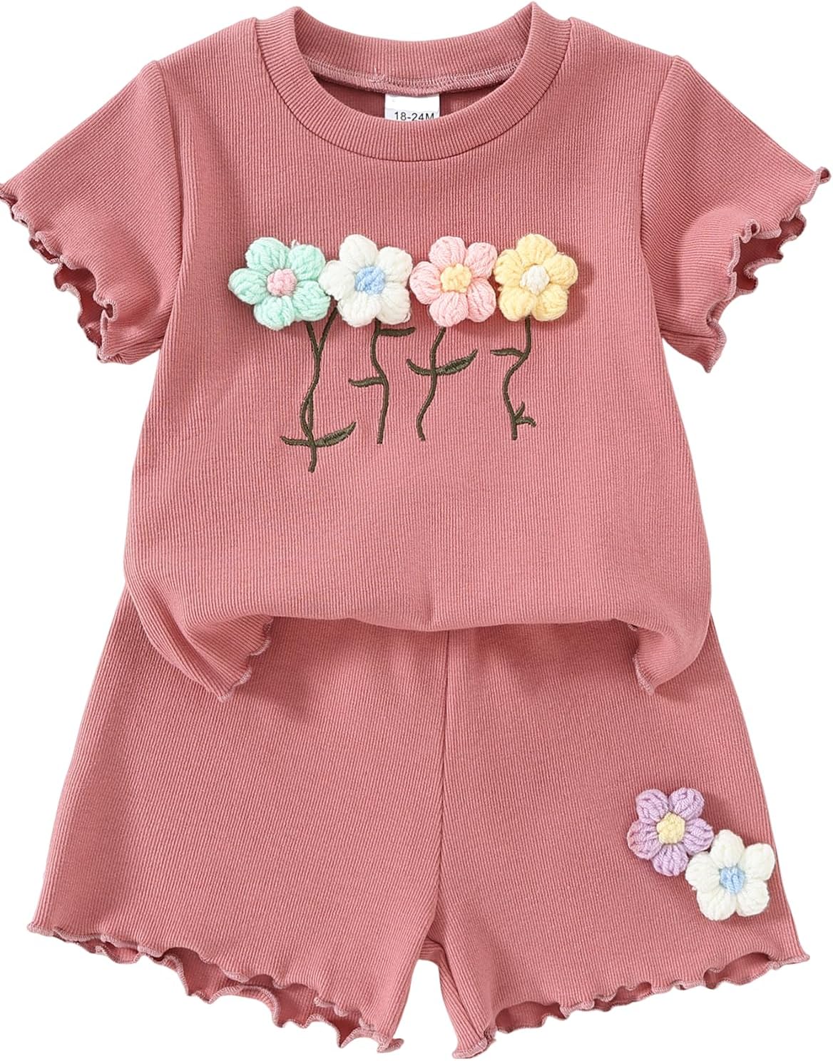 Yvowming Toddler Baby Girl Clothes Outfits,Summer Ruffle Ribbed Flower T Shirt Shorts Set Clothes for Girls
