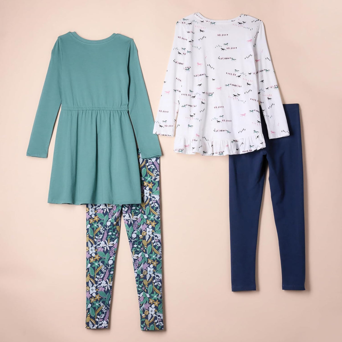 Amazon Essentials Girls and Toddlers' Long-Sleeve Ruffle Hem Outfit Sets with Bowknot Design