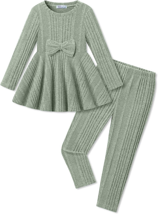 Girls 2 Piece Outfits Ribbed Knit Top and Pant Sets Kids Clothes Dailywear