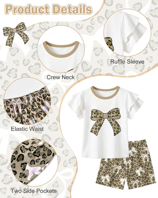 Girls Summer Outfits 2 Piece Clothes Kids Ruffle Short Sleeve T Shirt and Elastic Waist Shorts Sets with Pockets