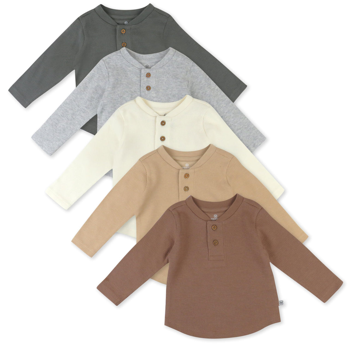HonestBaby Boys' Baby Toddler & Kid Waffle Henley 100% Organic Long Sleeve Shirts (5-Pack)
