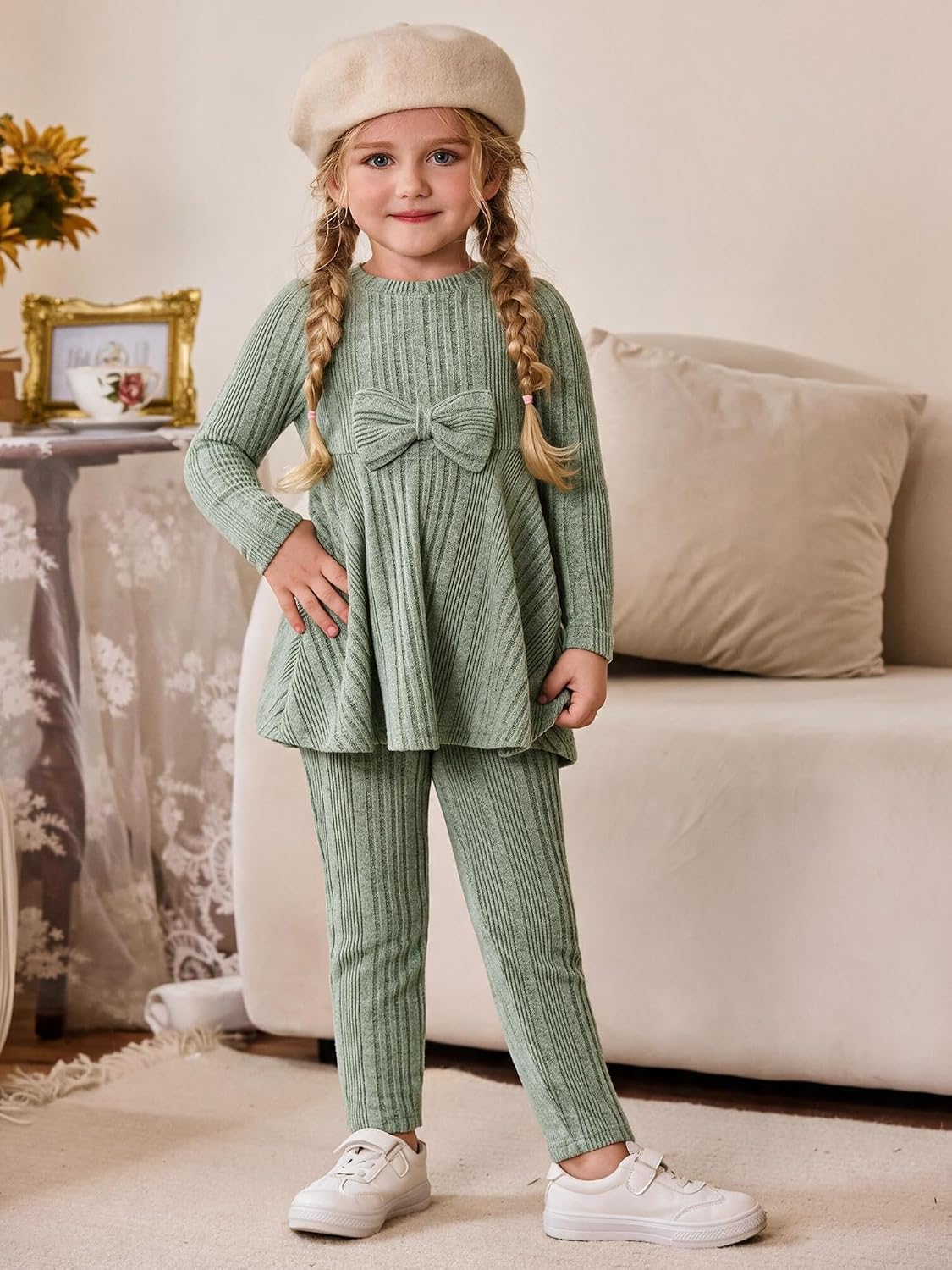 Girls 2 Piece Outfits Ribbed Knit Top and Pant Sets Kids Clothes Dailywear