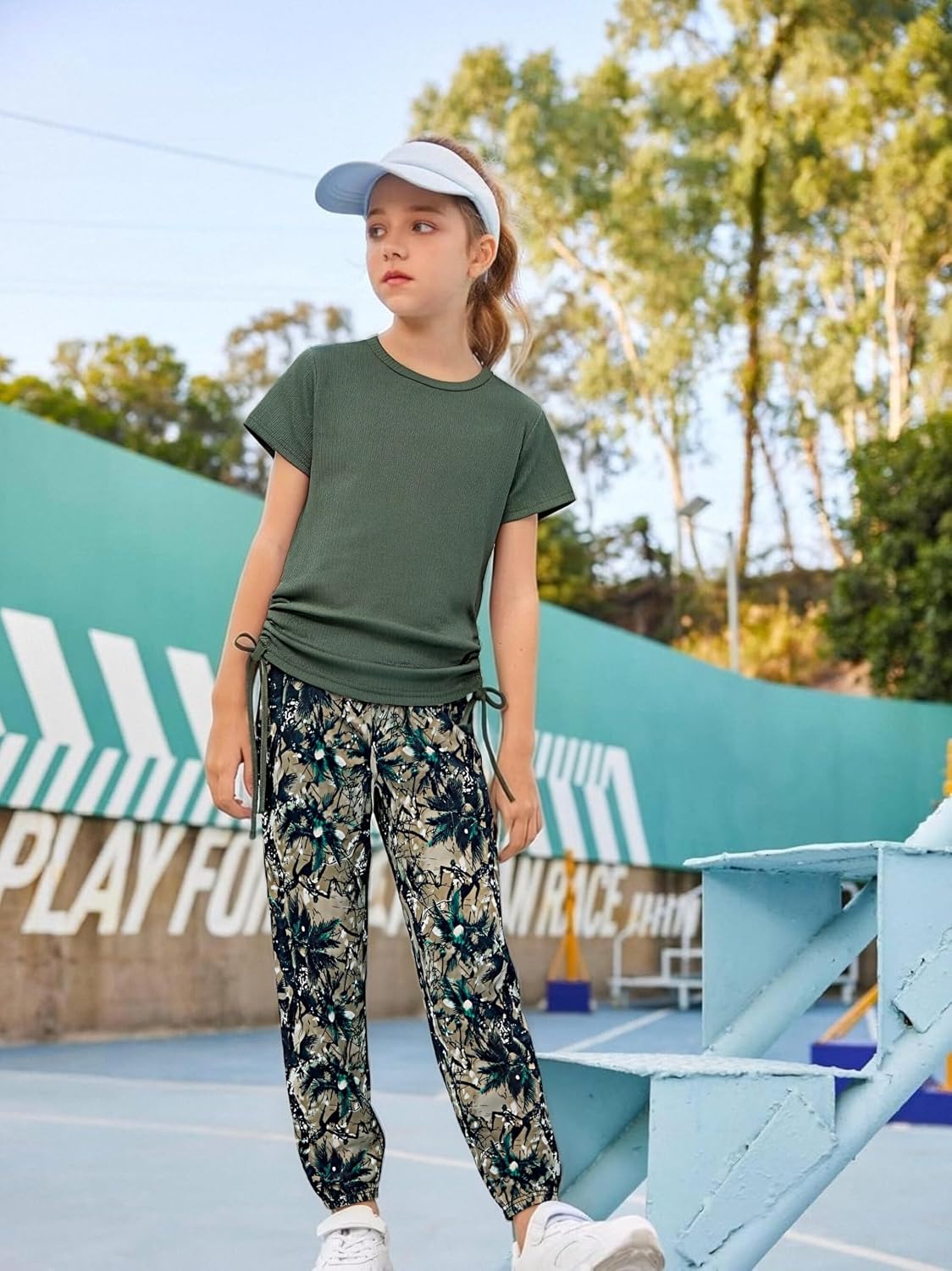 Girls Clothes Ruched Drawstring Short Sleeve Knit Top and Camo Print Pants 2 Piece Girls Outfits