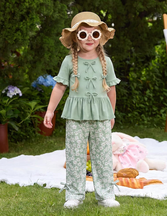 Arshiner Girls Clothes 2 Piece Outfits Butterfly Knot Top and Wide Leg Pant