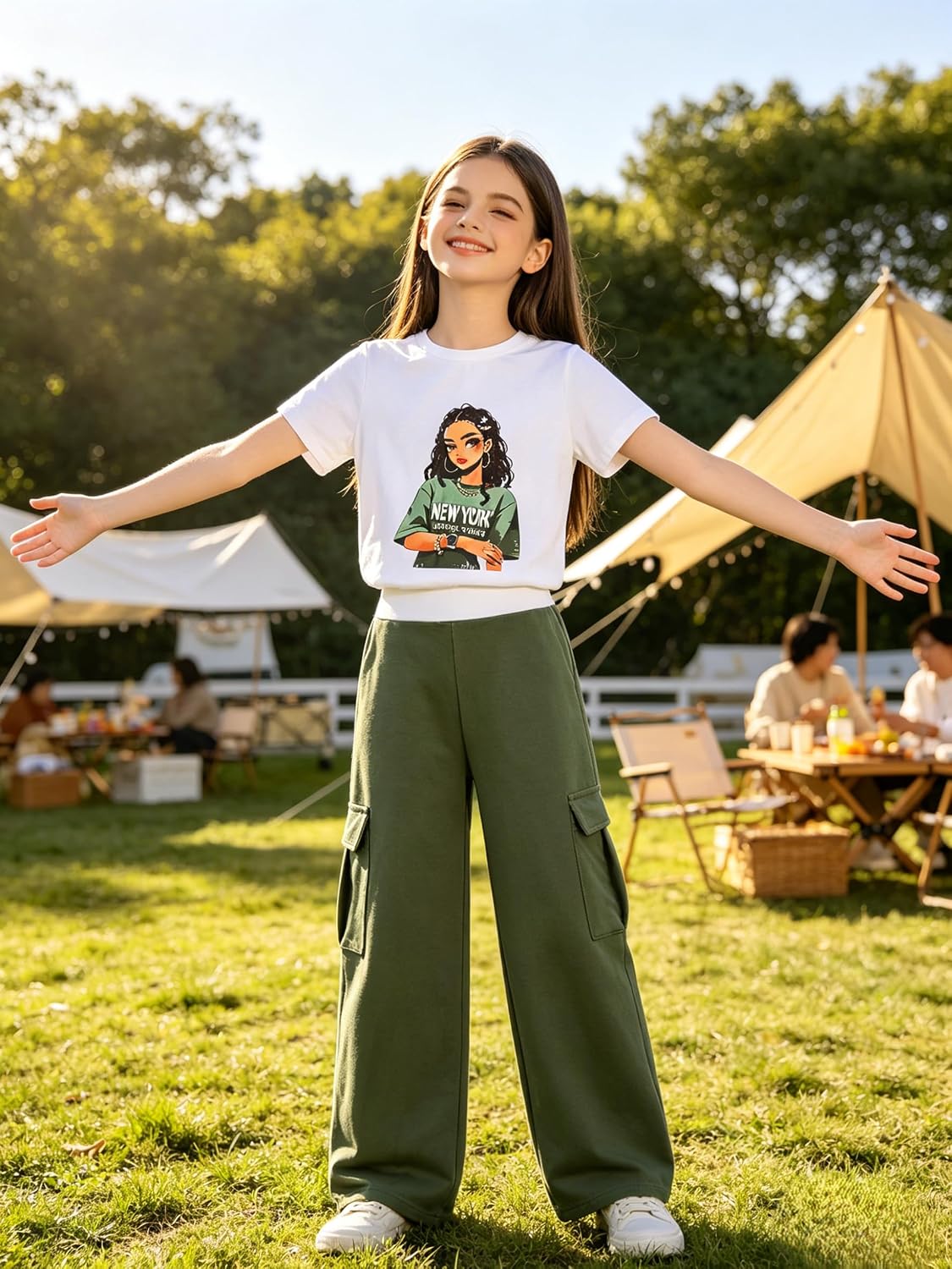 Ayzozuy Kid Girl Clothes Outfits Figure Letter Graphic Tee Top + Flap Pocket Pants 2PC Clothing Set
