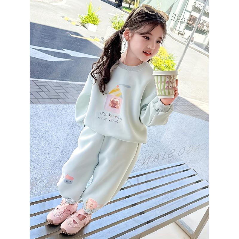 Girls' Casual Cartoon Print Sweatshirt and Pants Set - Soft Pink with Pockets, Long Sleeve, Loose Fit, Spring/Fall Outdoor Wear, Casual Attire, Casual Wear, for Outdoor, For Teenager