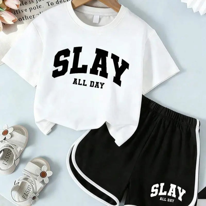 Girls' 2-Piece Summer Fashion Clothes Set - SLAY All Day Print Graphic T-Shirt, Contrast Trim Shorts Casual Tees Set for Kids Clothing Girls Teens, Fashion Clothes Sets, Graphic Print Set