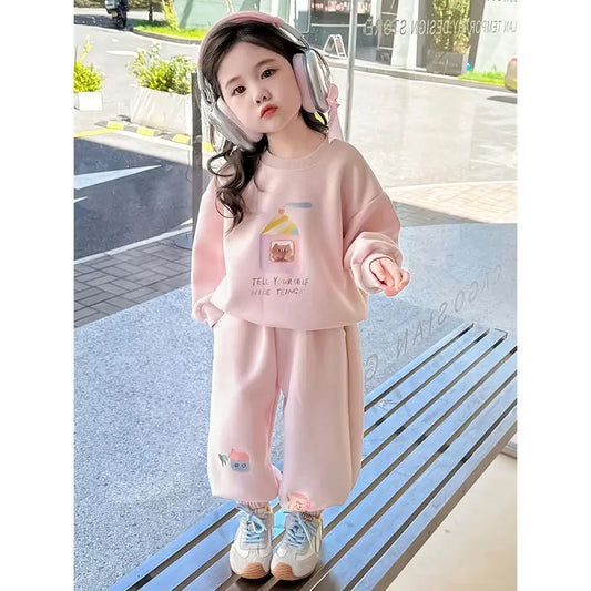 Girls' Casual Cartoon Print Sweatshirt and Pants Set - Soft Pink with Pockets, Long Sleeve, Loose Fit, Spring/Fall Outdoor Wear, Casual Attire, Casual Wear, for Outdoor, For Teenager