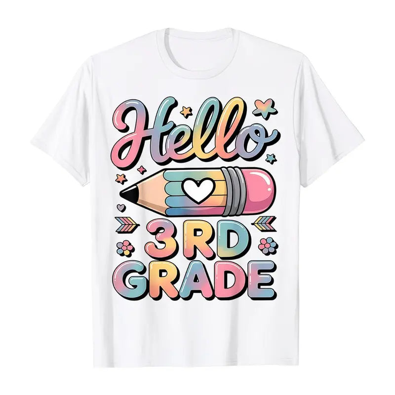 White Hello 3rd Grade Back To School T-Shirt For Kids, Cute Pencil Heart Graphic Print, Short Sleeve Crew Neck Tee For Boys Girls Elementary Students