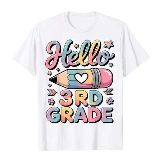 White Hello 3rd Grade Back To School T-Shirt For Kids, Cute Pencil Heart Graphic Print, Short Sleeve Crew Neck Tee For Boys Girls Elementary Students