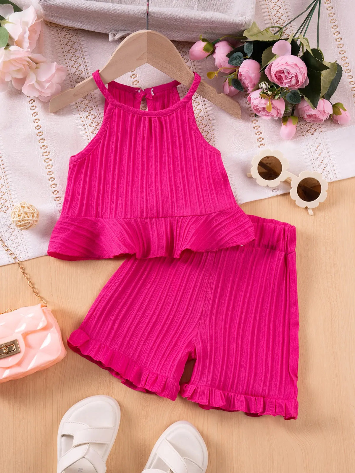 2pcs Girls Summer Fashion Sleeveless Casual Top Pure Color Shorts Comfortable Two-Piece Kids Clothing Clothes Kids