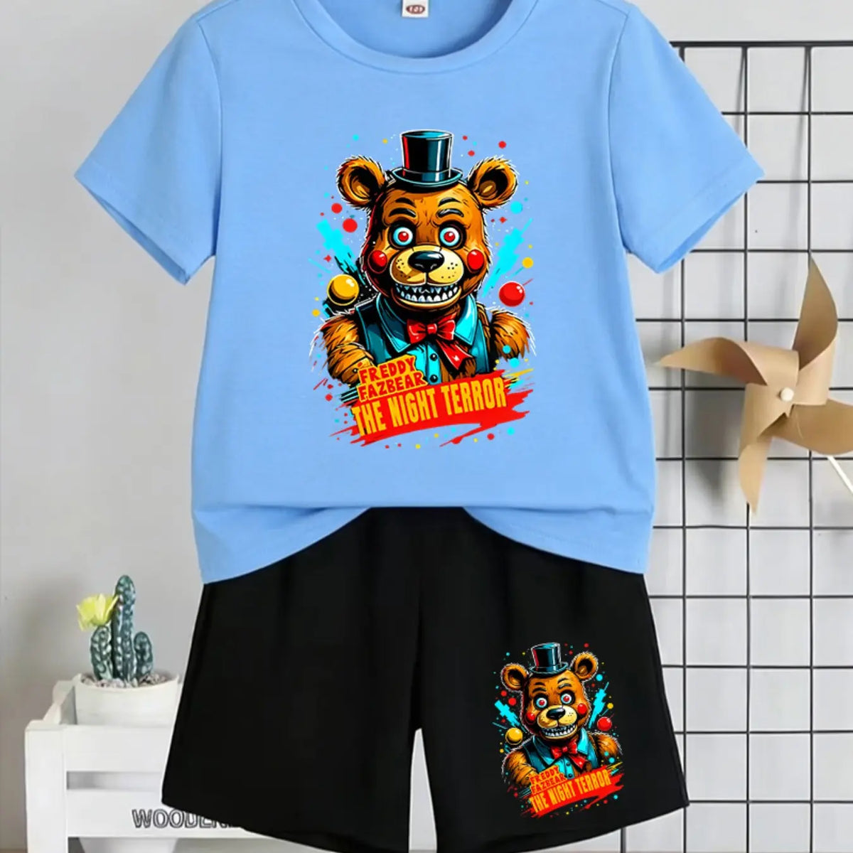 Five Nights At Freddy's Freddy Fazbear Printed Children's Short-Sleeved Set Summer Casual, Comfortable, Fashionable, Everyday, Outdoor Versatile T-Shirt And Shorts Set, Cartoon Printed Set, Ideal Gift Choice