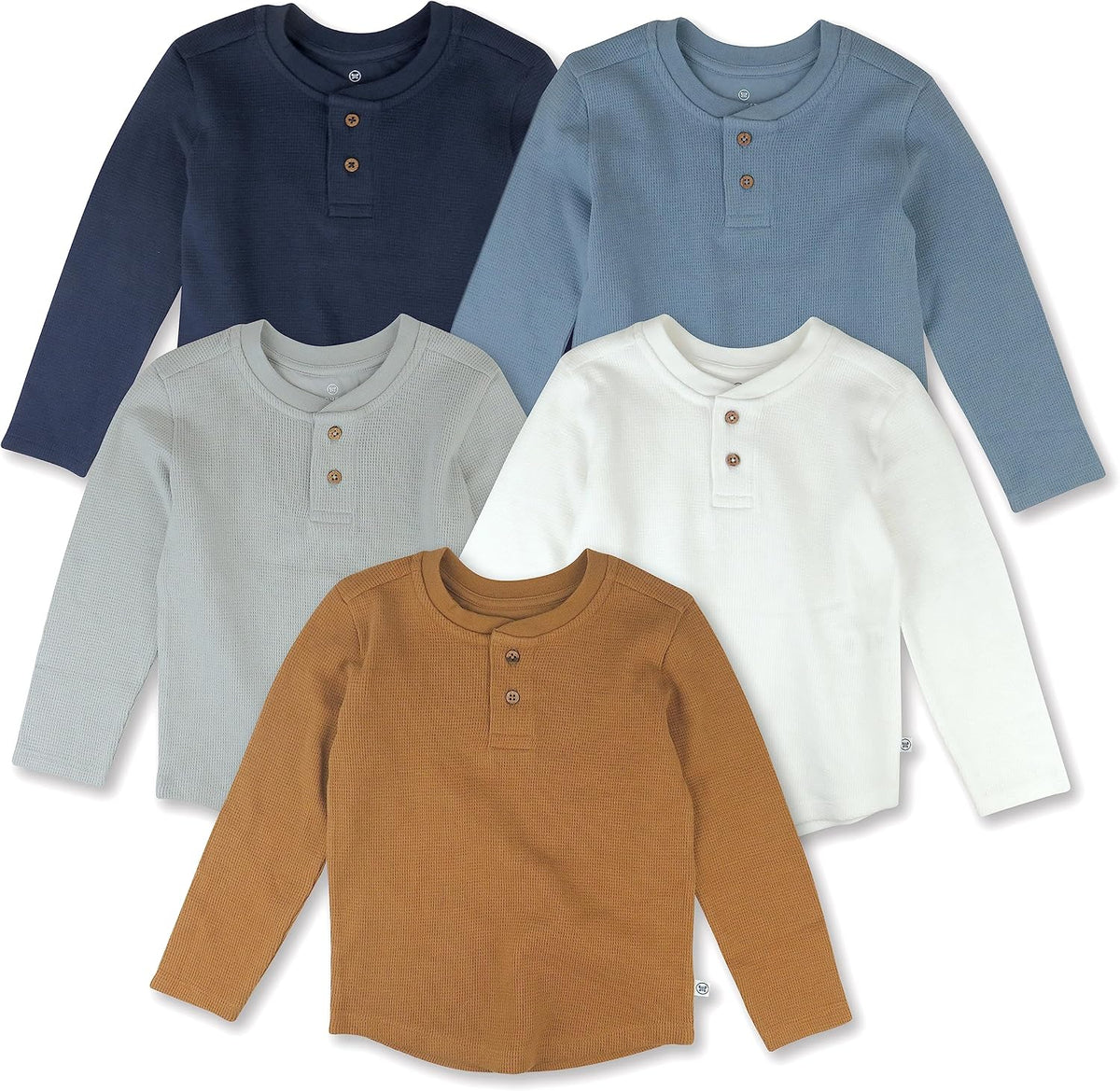 HonestBaby Boys' Baby Toddler & Kid Waffle Henley 100% Organic Long Sleeve Shirts (5-Pack)