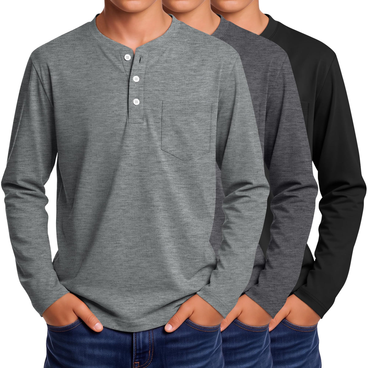 3 Pack Boys' Long Sleeve Shirts Henley Tops