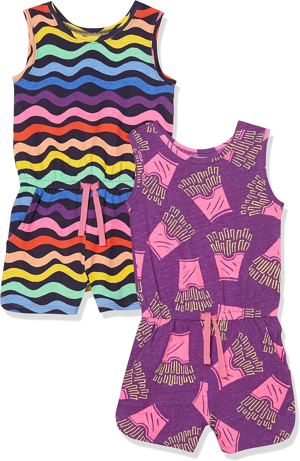 Amazon Essentials Girls and Toddlers' Knit Sleeveless Tank Rompers with Pockets, Pack of 2