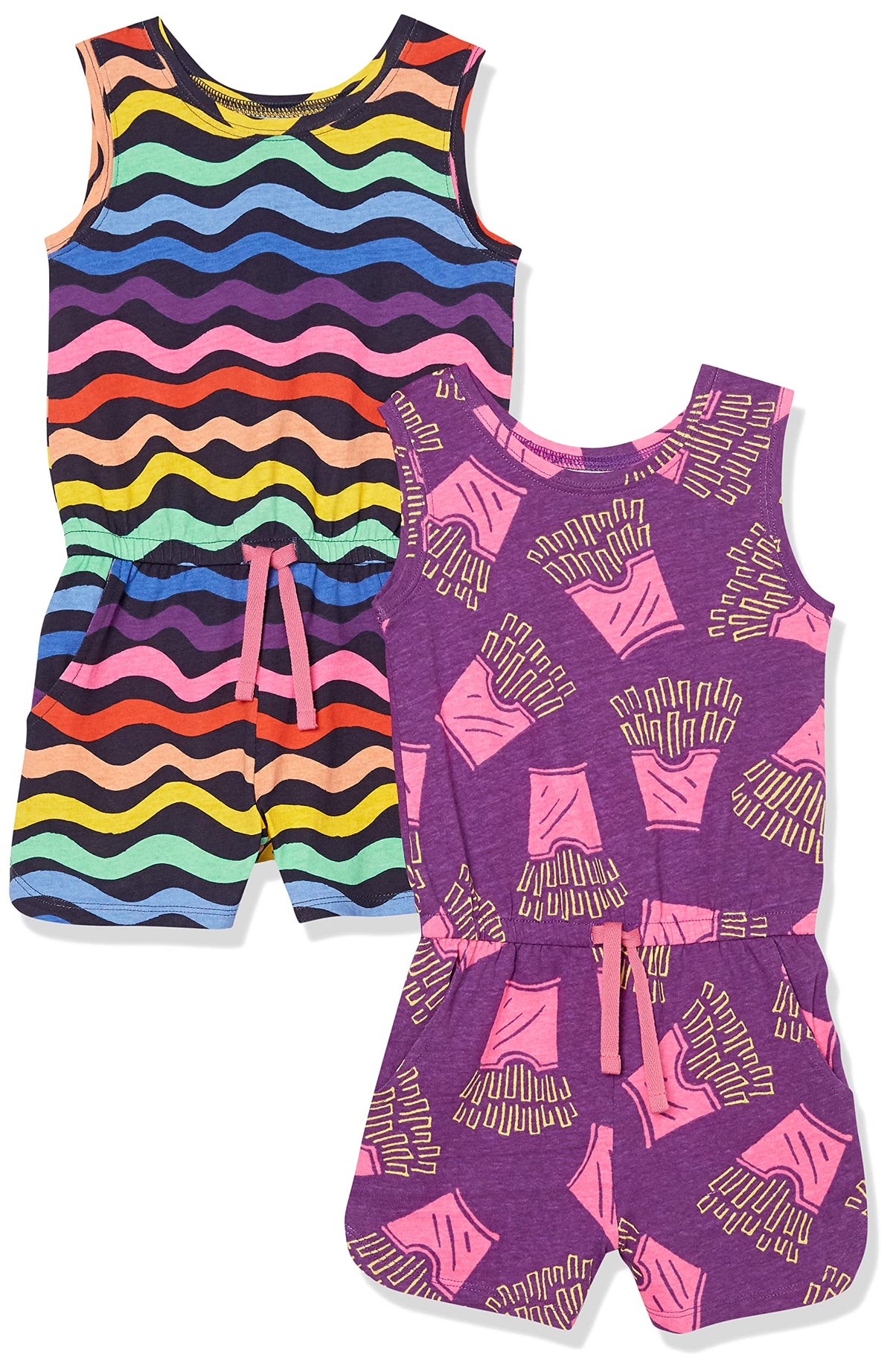 Amazon Essentials Girls and Toddlers' Knit Sleeveless Tank Rompers with Pockets, Pack of 2
