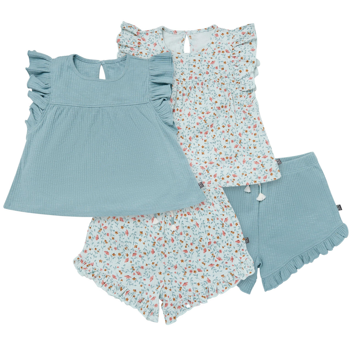Modern Moments by Gerber Baby Girls' 4-piece Set (2 Flutter Sleeve Top & 2 Ruffle Wide Leg Short)