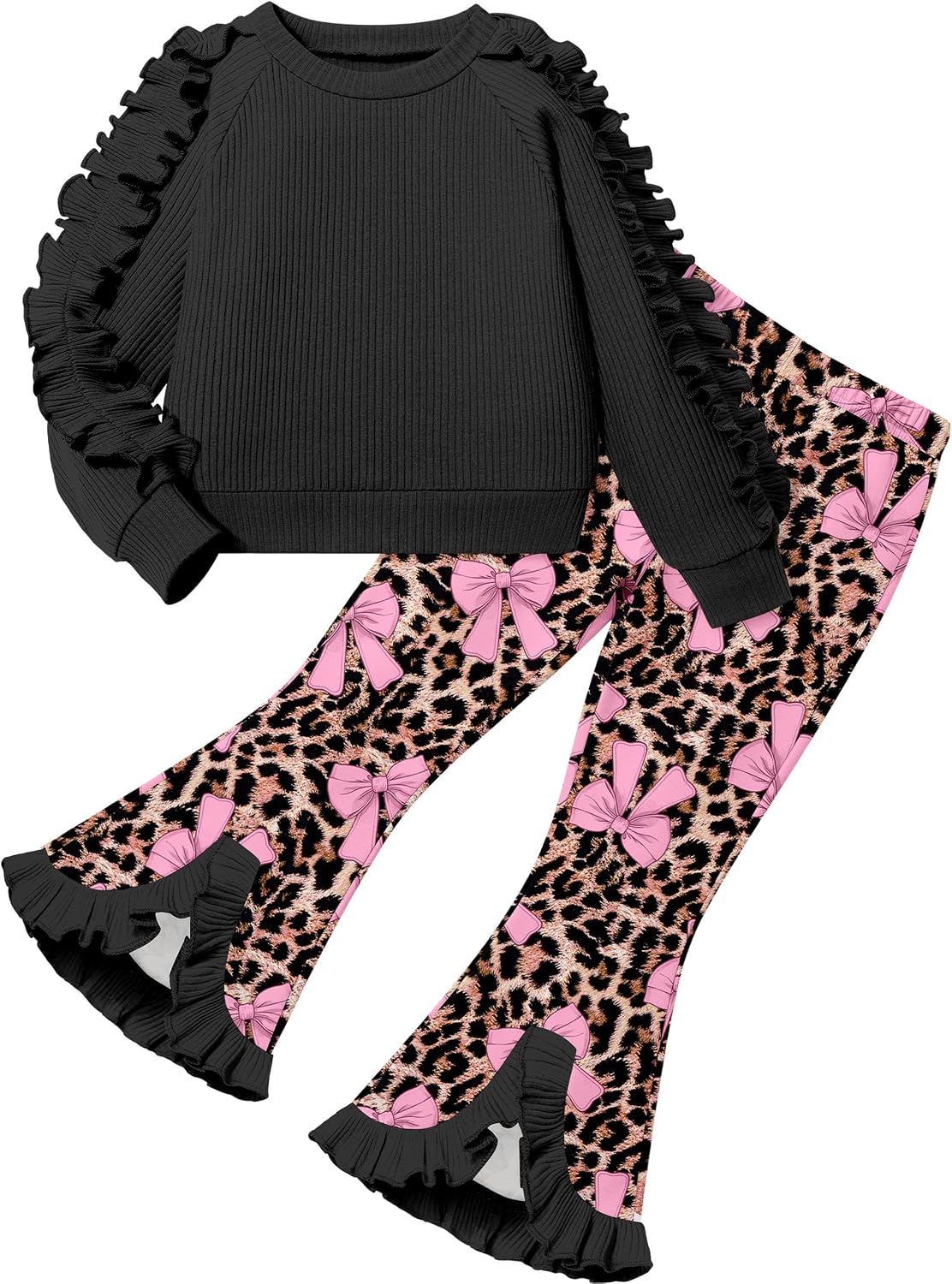 Toddler Girl Clothes Camo Girls Outfits Ruffle Sleeve Tops + Bell Bottom Flared Pants 2 Piece Winter Sweatsuit 2-10T