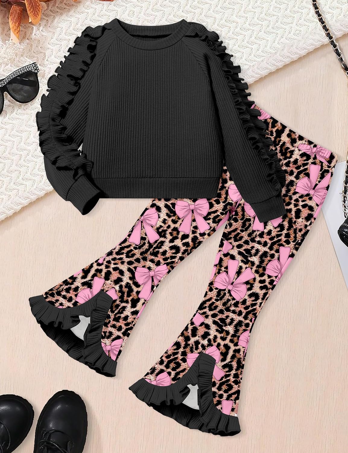 Toddler Girl Clothes Camo Girls Outfits Ruffle Sleeve Tops + Bell Bottom Flared Pants 2 Piece Winter Sweatsuit 2-10T