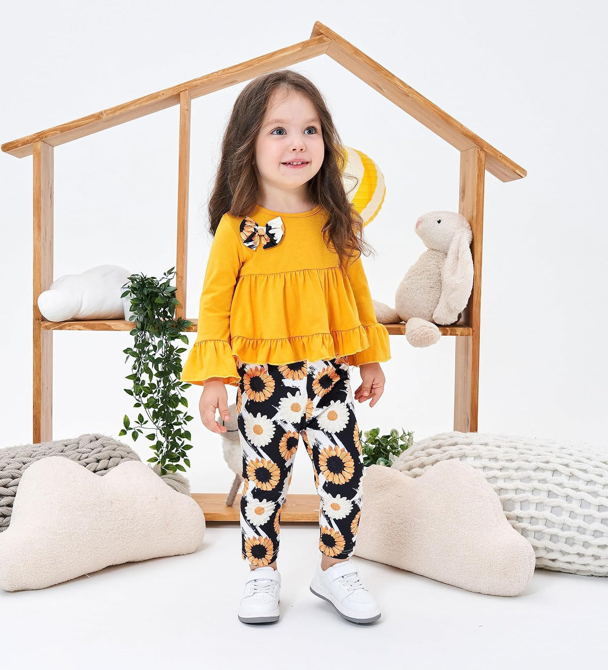 Axumity Kid Girl Clothes Ruffle Sleeve Top Floral Allover Pants 3-9 Years Fall Outfit Set