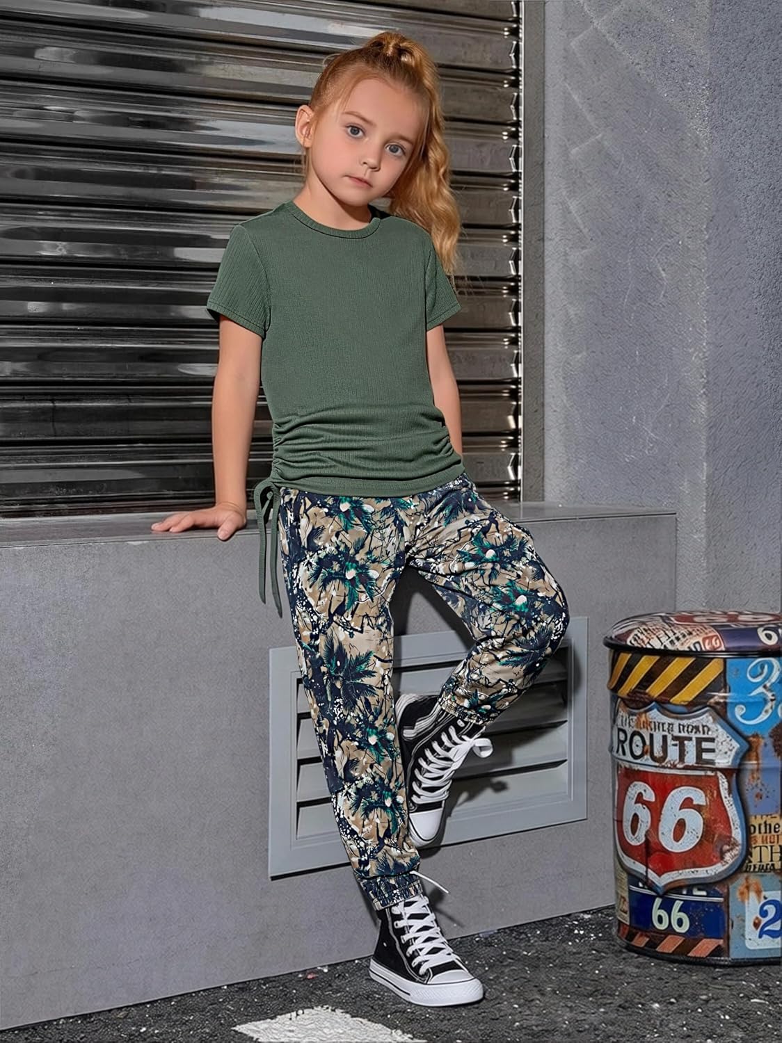 Girls Clothes Ruched Drawstring Short Sleeve Knit Top and Camo Print Pants 2 Piece Girls Outfits