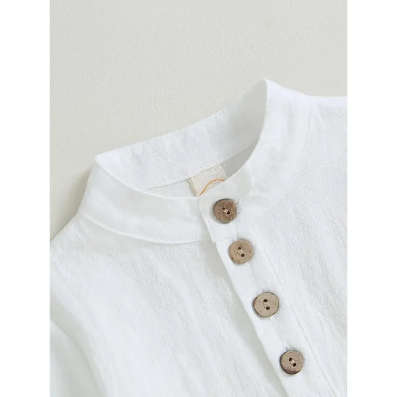 Kids Boys Outfits Solid Color Buttons Short Sleeve Shirts and Elastic Waist Long Pants 2Pcs Clothes Set