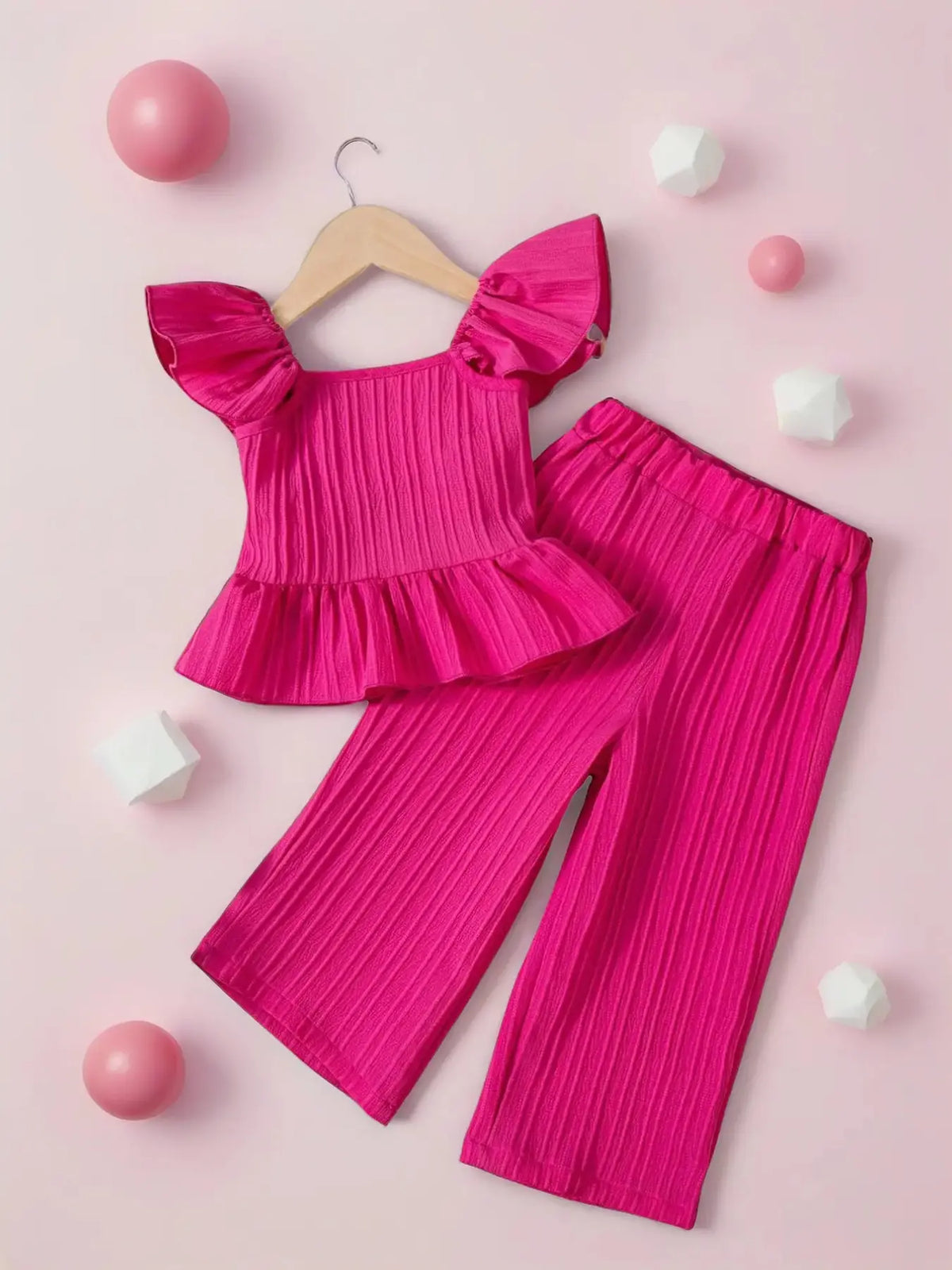 Girls' Summer Solid Color Two-Piece Set, Summer Clothes Set, Sleeveless Babydoll Top + Butterfly Knots + Casual Wide Leg Pants, Sweet & Versatile, Ages 1-7, Set Outfit