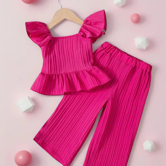Girls' Summer Solid Color Two-Piece Set, Summer Clothes Set, Sleeveless Babydoll Top + Butterfly Knots + Casual Wide Leg Pants, Sweet & Versatile, Ages 1-7, Set Outfit