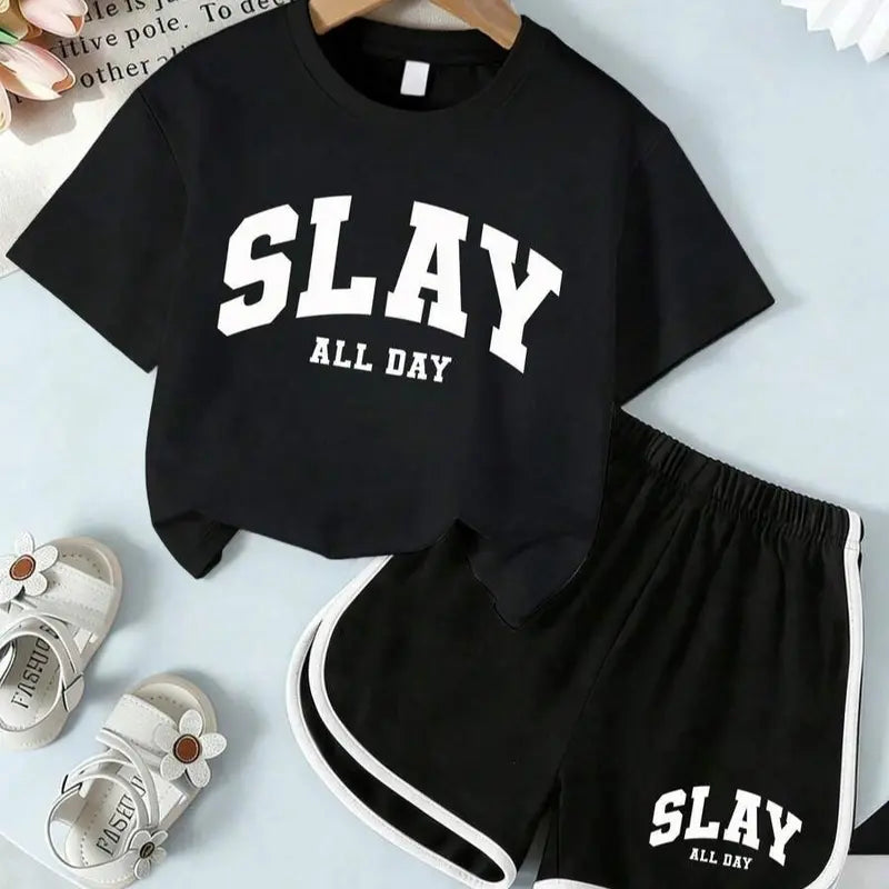 Girls' 2-Piece Summer Fashion Clothes Set - SLAY All Day Print Graphic T-Shirt, Contrast Trim Shorts Casual Tees Set for Kids Clothing Girls Teens, Fashion Clothes Sets, Graphic Print Set