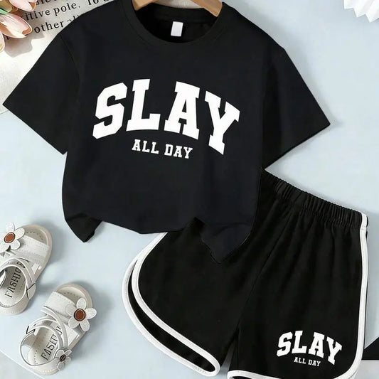 Girls' 2-Piece Summer Fashion Clothes Set - SLAY All Day Print Graphic T-Shirt, Contrast Trim Shorts Casual Tees Set for Kids Clothing Girls Teens, Fashion Clothes Sets, Graphic Print Set