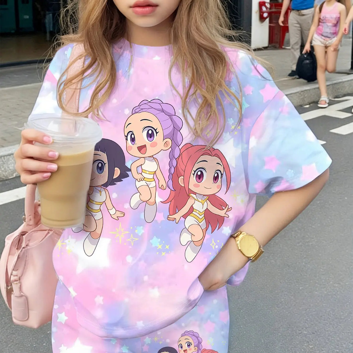 Girls' Summer Group Series T-Shirt Shorts Set, Dreamy Nebula Star Cartoon Print, Casual Streetwear, Perfect Gift for Kids, Outdoor Friendly, Summer Clothes Sets