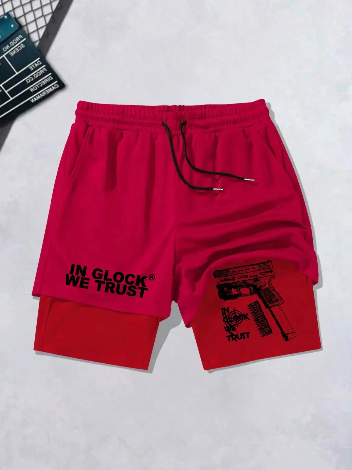 Men's Regular Fit Hand & Gun Print 2 in 1 Drawstring Waist Shorts, Casual Pocket Track Shorts for Summer, Fashion Men's Bottoms for Daily Wear, Drawstring Waistband Shorts