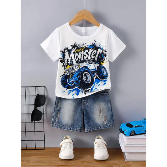 Boys' 2-Piece Fitted Cotton Blend Fashion Outfit - Cool Car Graphic Print, Graffiti Letter Casual Tee, Ripped Denim Shorts, Summer Clothes Kids, 3-8Y White 42404060