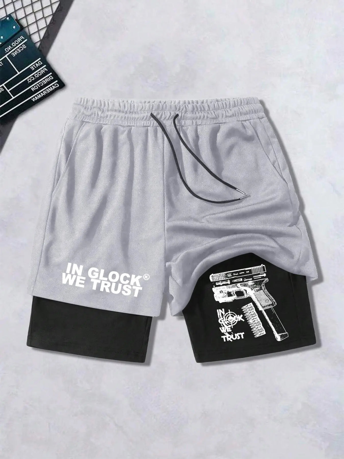Men's Regular Fit Hand & Gun Print 2 in 1 Drawstring Waist Shorts, Casual Pocket Track Shorts for Summer, Fashion Men's Bottoms for Daily Wear, Drawstring Waistband Shorts