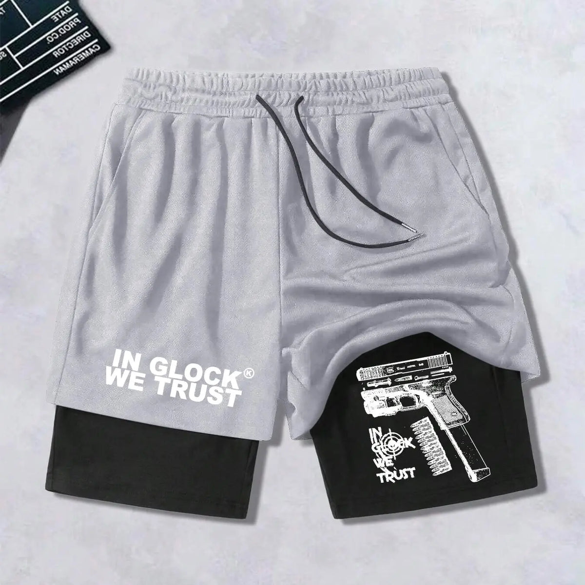Men's Regular Fit Hand & Gun Print 2 in 1 Drawstring Waist Shorts, Casual Pocket Track Shorts for Summer, Fashion Men's Bottoms for Daily Wear, Drawstring Waistband Shorts