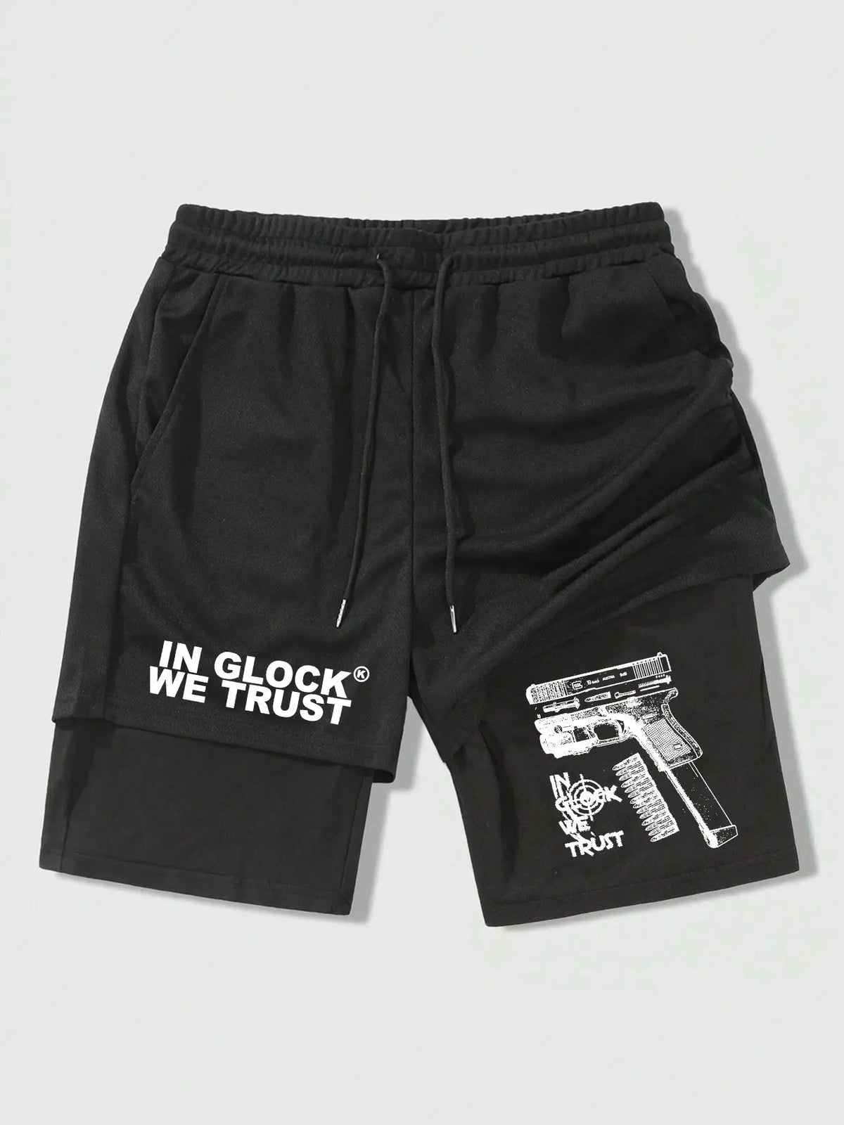 Men's Regular Fit Hand & Gun Print 2 in 1 Drawstring Waist Shorts, Casual Pocket Track Shorts for Summer, Fashion Men's Bottoms for Daily Wear, Drawstring Waistband Shorts