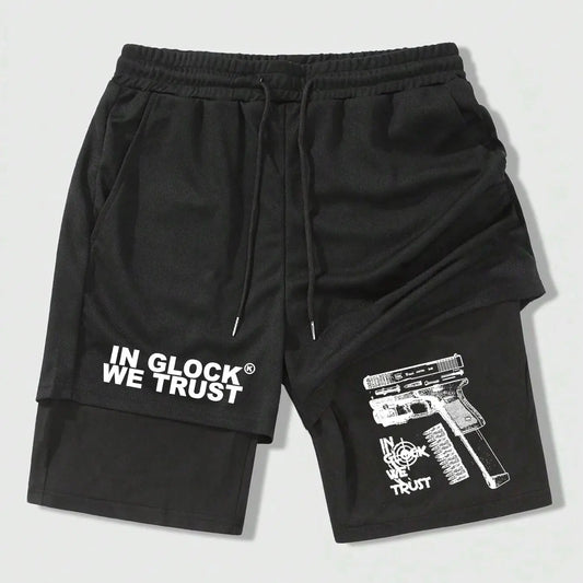 Men's Regular Fit Hand & Gun Print 2 in 1 Drawstring Waist Shorts, Casual Pocket Track Shorts for Summer, Fashion Men's Bottoms for Daily Wear, Drawstring Waistband Shorts