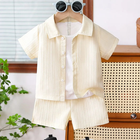 Boys' Light Color Two-Piece Casual Outfit Clothing Set, Children, Includes Collared Short Sleeve Cardigan and Elastic Waist Shorts, Soft and Comfortable, Ideal for Daily Use, Summer Clothing Set, Clothes Set