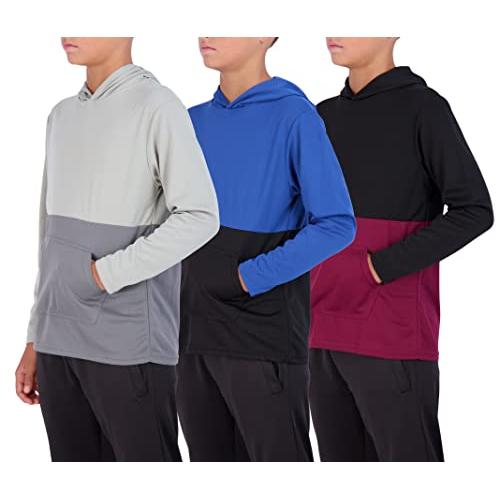 Real Essentials 3 Pack: Youth Mesh Long Sleeve Pullover Hoodie Active Sweatshirt - Kangaroo Pocket - Boys & Girls