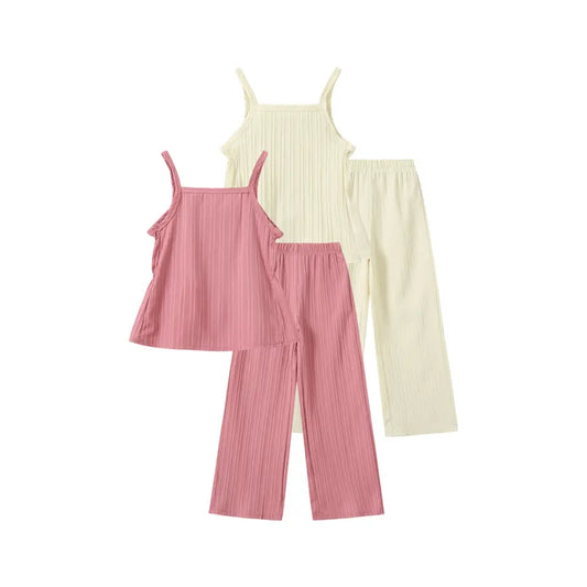 4-Piece Girls' #SummerVibes Summer Set: Solid-Color Pleated Waist-Cinched Strapless Top with Flowing Vertical-Stripe Wide-Leg Pants-A Simple, Versatile Casual Set Cute Clothing Set Fashion Set Matching Outfits Set