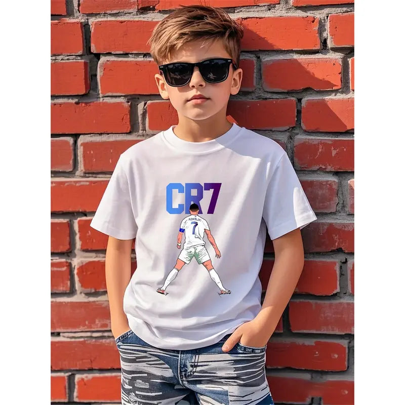 [Football Style T-Shirt] Boys'  Casual Short Sleeve T-Shirt ,CR7 Soccer Graphic Print   - Lightweight Breathable Training Top with Stretch Fabric,   Machine Washable Youth Sports Apparel for Everyday & Outdoor Play Best Gift for Boys and Girls