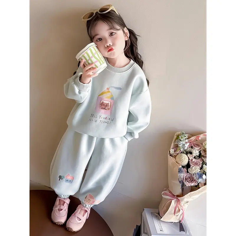 Girls' Casual Cartoon Print Sweatshirt and Pants Set - Soft Pink with Pockets, Long Sleeve, Loose Fit, Spring/Fall Outdoor Wear, Casual Attire, Casual Wear, for Outdoor, For Teenager