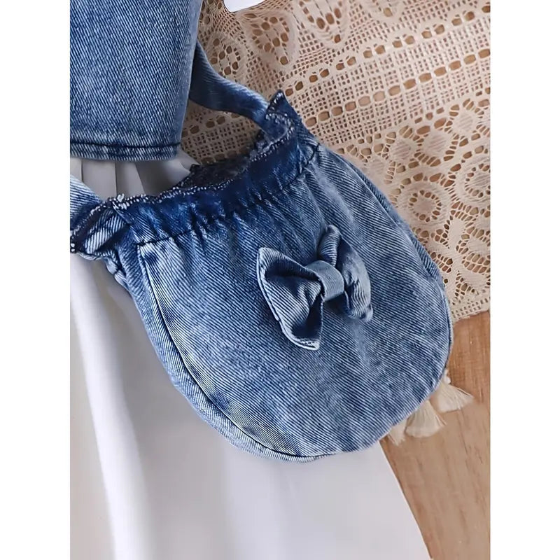 Girl's 3-Piece Casual Solid Polyester Blend Set - Bubble Sleeves Dress, Cropped Denim Vest (Set Includes Vest), Bow-Decorated Denim Crossbody Bag, Kids' Casual Wear