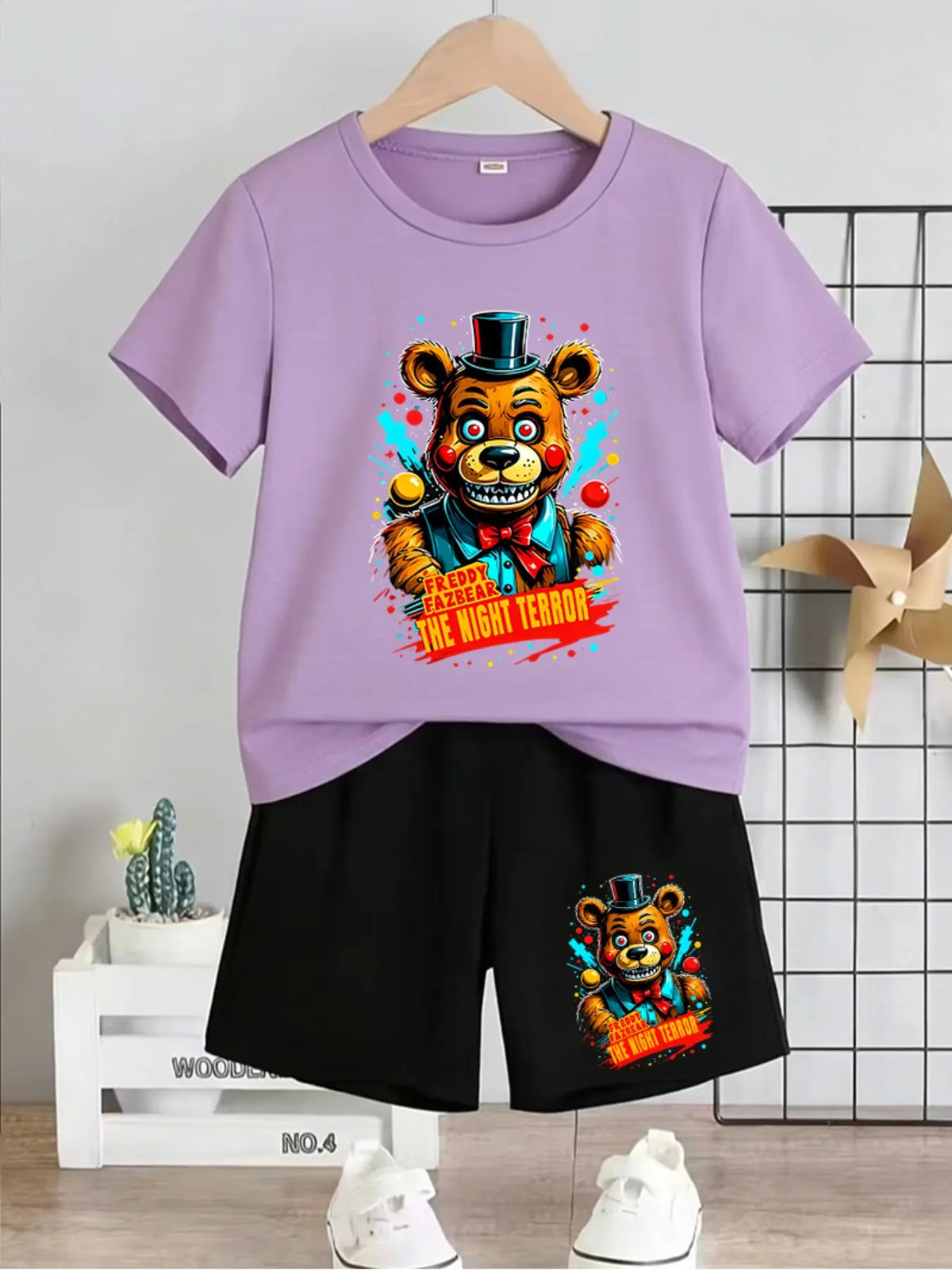 Five Nights At Freddy's Freddy Fazbear Printed Children's Short-Sleeved Set Summer Casual, Comfortable, Fashionable, Everyday, Outdoor Versatile T-Shirt And Shorts Set, Cartoon Printed Set, Ideal Gift Choice