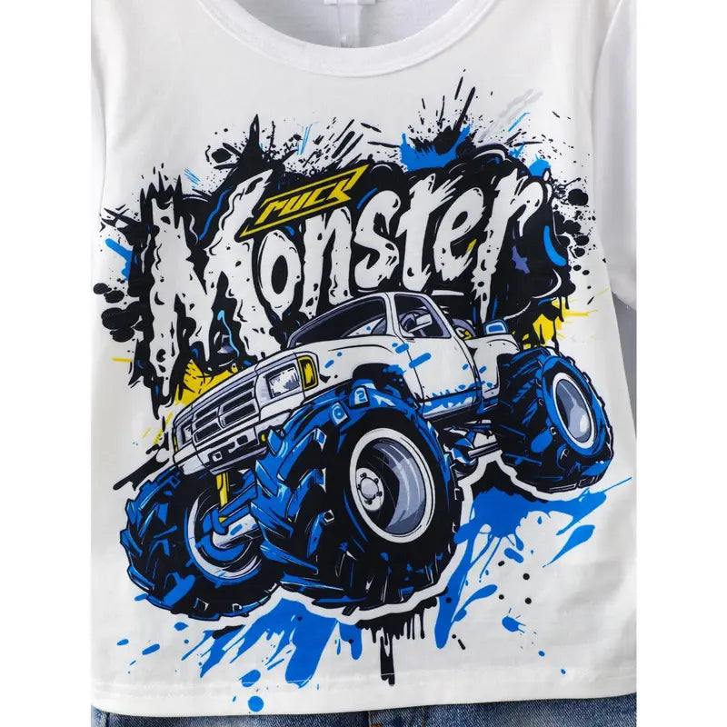 Boys' 2-Piece Fitted Cotton Blend Fashion Outfit - Cool Car Graphic Print, Graffiti Letter Casual Tee, Ripped Denim Shorts, Summer Clothes Kids, 3-8Y White 42404060