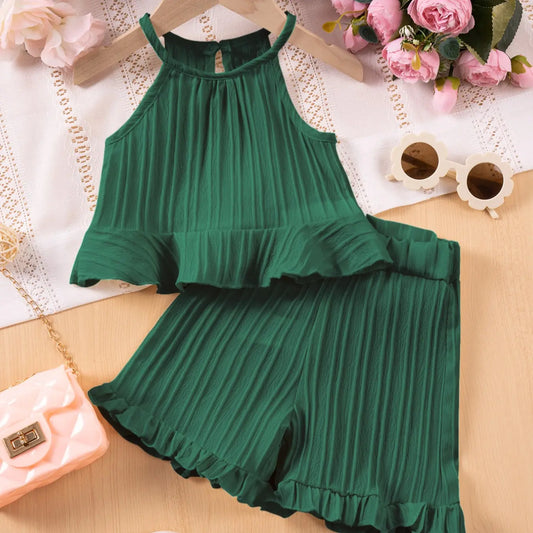 2pcs Girls Summer Fashion Sleeveless Casual Top Pure Color Shorts Comfortable Two-Piece Kids Clothing Clothes Kids