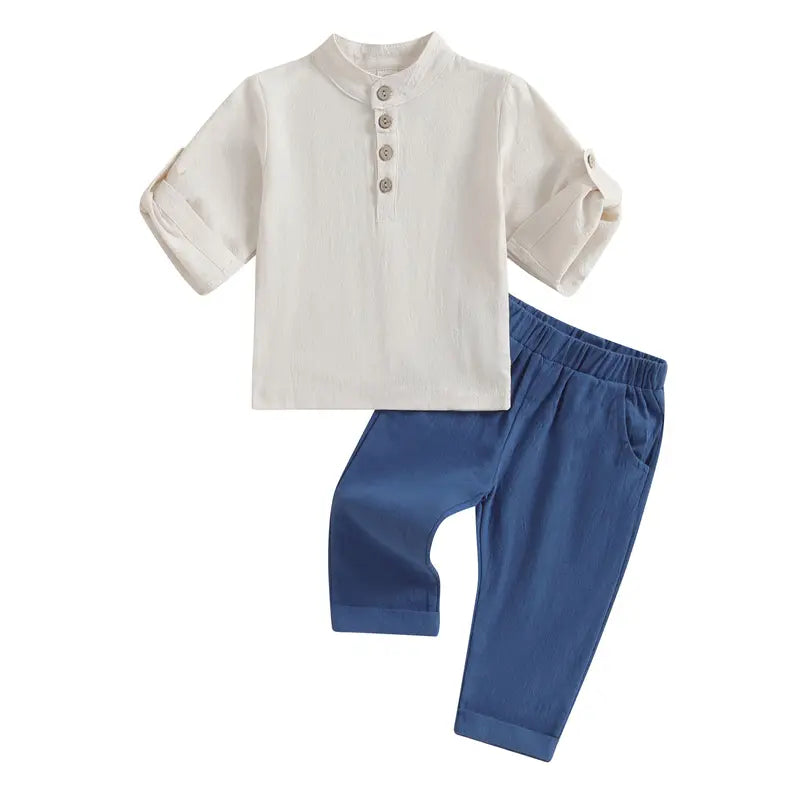 Kids Boys Outfits Solid Color Buttons Short Sleeve Shirts and Elastic Waist Long Pants 2Pcs Clothes Set