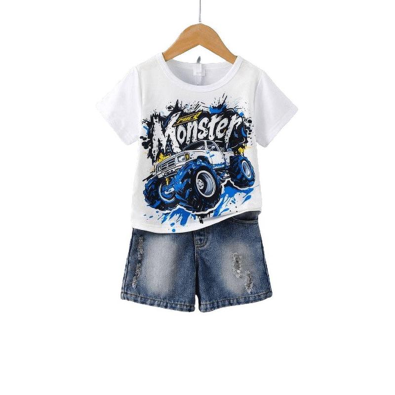 Boys' 2-Piece Fitted Cotton Blend Fashion Outfit - Cool Car Graphic Print, Graffiti Letter Casual Tee, Ripped Denim Shorts, Summer Clothes Kids, 3-8Y White 42404060